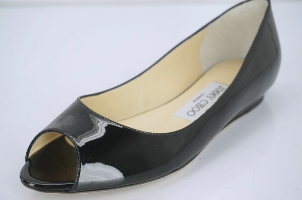 Jimmy Choo Beck Black Patent Open Toe Mini Wedge Pumps  New